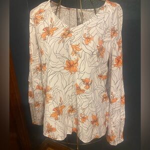 Worthington Floral V-Neck Blouse - Orange and White